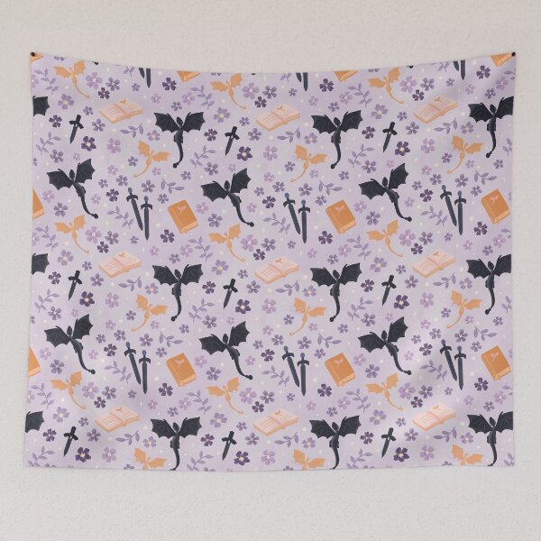 Item preview, Romantasy Fantasy Pattern with Dragons, Books, Daggers & Florals. designed and sold by ApricotSafari.