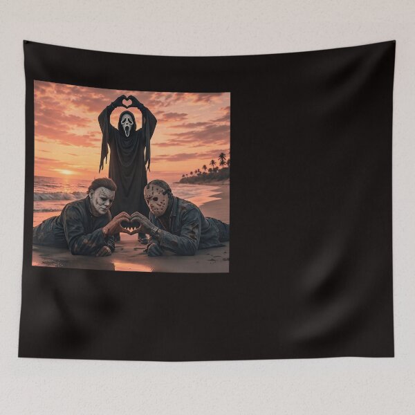 Item preview, Michael Myers Tshirts And Jason Voorhees Ghostface Making A Hand Heart At The Beach designed and sold by Hydlaaksmndriss.
