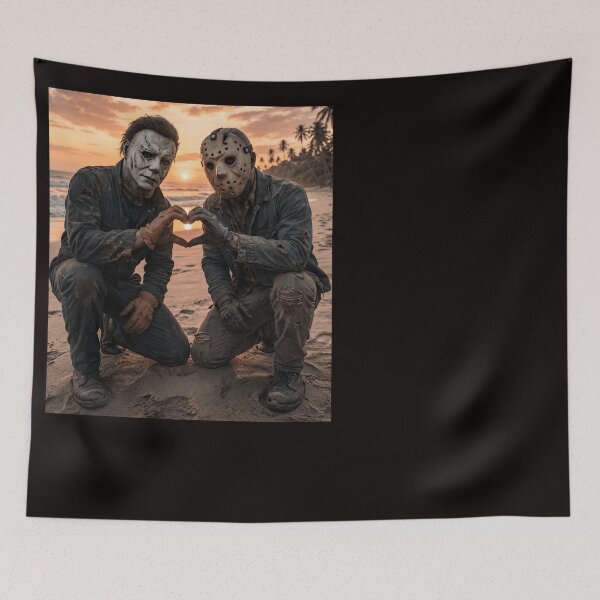 Item preview, Michael Myers Tshirts And Jason Voorhees Hand Heart Pose At The Beach designed and sold by Hydlaaksmndriss.