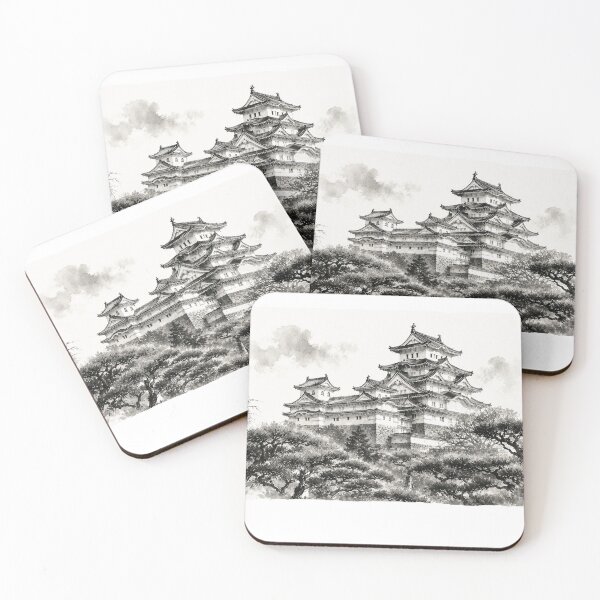 Item preview, temple castle Japan culture traditional ink illustration hand draw designed and sold by sabartgunpla.
