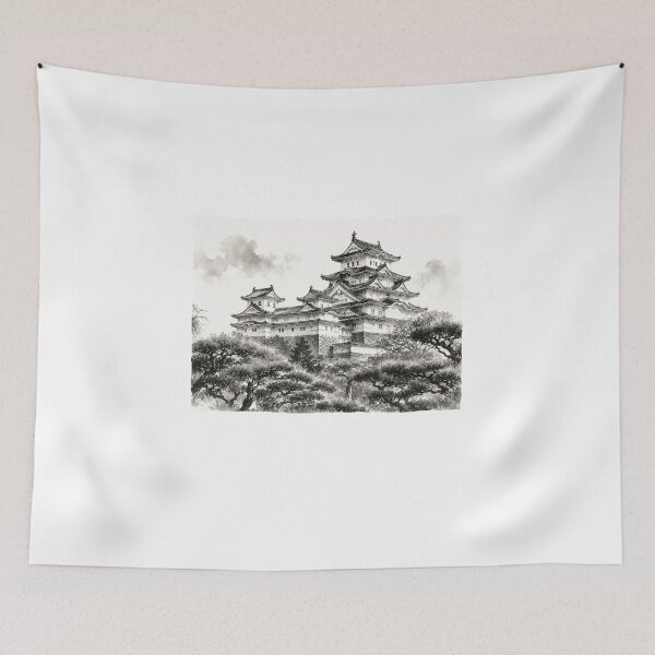Item preview, temple castle Japan culture traditional ink illustration hand draw designed and sold by sabartgunpla.