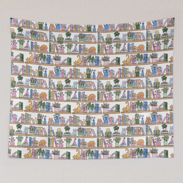 Item preview, Playful cats on bookshelf pattern with pot plants and books. designed and sold by ApricotSafari.