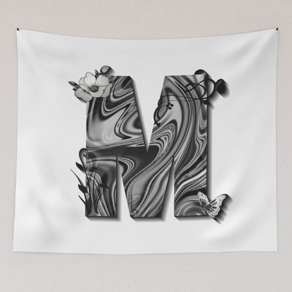 Item preview, Letter M Botanical Monogram black and white liquid marble designed and sold by iRenza.