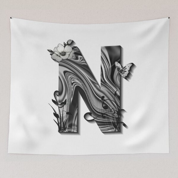 Item preview, Letter N Botanical Monogram black and white liquid marble designed and sold by iRenza.