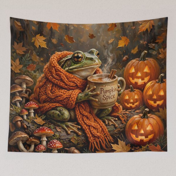 Item preview, Cozy Halloween Frog, Pumpkin Spice Frog, Autumn Forest Cottagecore, Cute Frog with Pumpkin Coffee, Whimsical Fall Halloween Art designed and sold by cr6zym1nd.