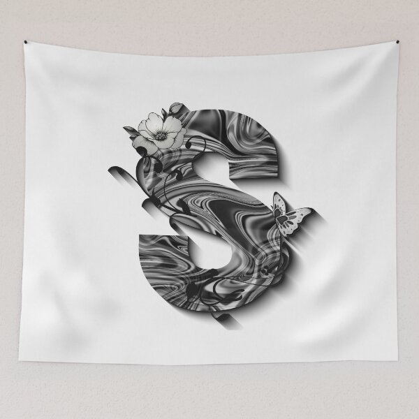 Item preview, Letter S Botanical Monogram black and white liquid marble designed and sold by iRenza.