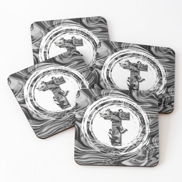 Item preview, Letter T Botanical Monogram black and white liquid marble designed and sold by iRenza.