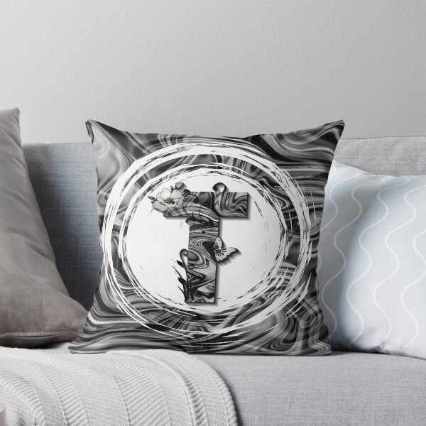 Item preview, Letter T Botanical Monogram black and white liquid marble designed and sold by iRenza.