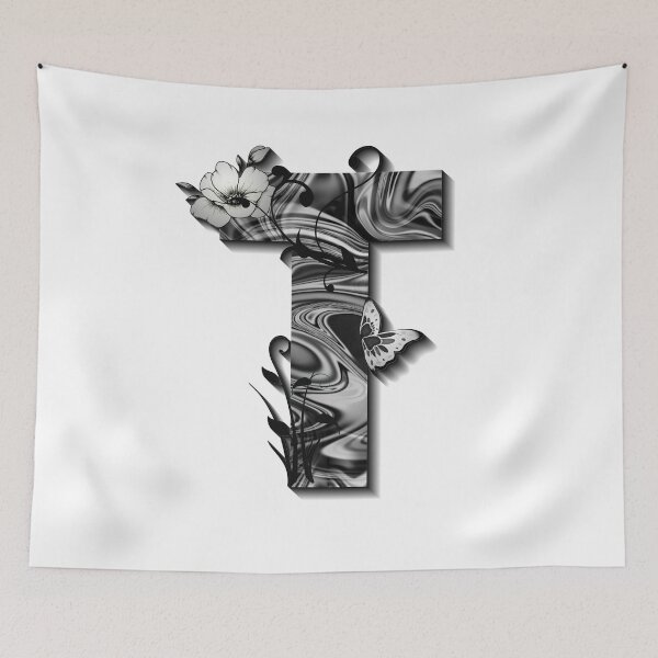 Item preview, Letter T Botanical Monogram black and white liquid marble designed and sold by iRenza.