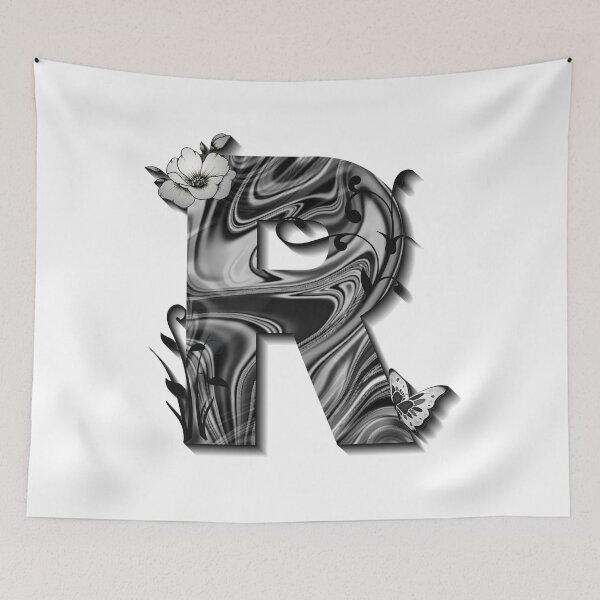 Item preview, Letter R Botanical Monogram black and white liquid marble designed and sold by iRenza.