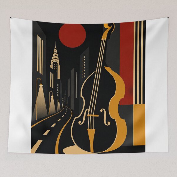 Item preview, Art Deco Double Bass Art | Jazz City Night Print | Bauhaus Music Print | Mid-Century Modern Bass Illustration designed and sold by Studio pod Burom.