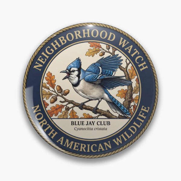 Item preview, Neighborhood Watch Blue Jay Humor Badge designed and sold by CalmCapy Co.