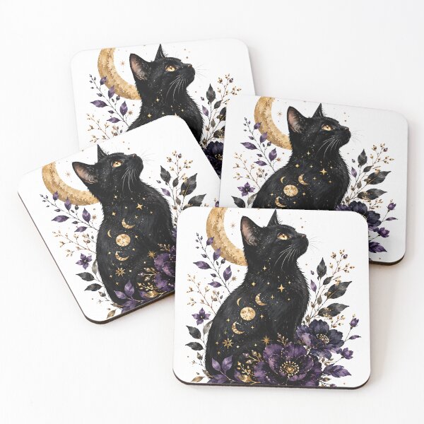 Item preview, Black Cat with Moon Phases and Purple Peonies designed and sold by Jaideep Walia.