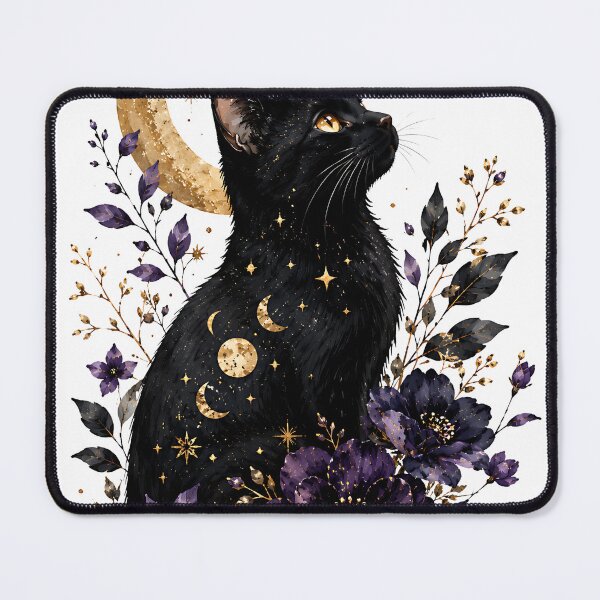 Item preview, Black Cat with Moon Phases and Purple Peonies designed and sold by Jaideep Walia.