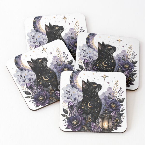 Item preview, Celestial Black Cat with Lantern and Amethyst Crystals designed and sold by Jaideep Walia.