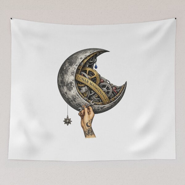 Item preview, Lunar Maintenance – Mechanical Crescent Moon Surreal Art designed and sold by Concrete Coffee Studio.