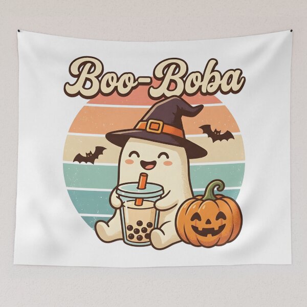 Item preview, Boo-Boba Cute Ghost Drinking Bubble Tea Retro Halloween T-Shirt designed and sold by DIRTYSKETCHH.