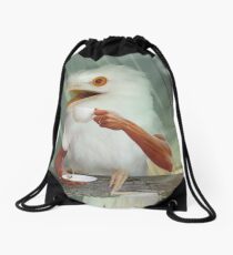 Surprised albino Frogmouth drinking coffee Drawstring Bag