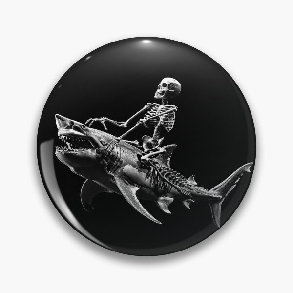 Item preview, Skeleton Riding a Shark Surreal Monochrome Ocean Horror Art designed and sold by inkoutninja.