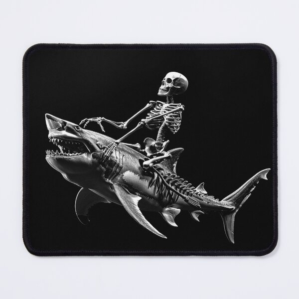 Item preview, Skeleton Riding a Shark Surreal Monochrome Ocean Horror Art designed and sold by inkoutninja.