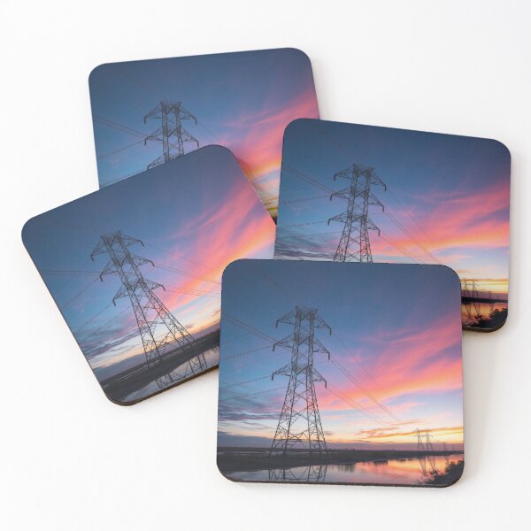 Item preview, Electricity Pylon at Sunset Over Reflective Water designed and sold by Pylon-Bureau.
