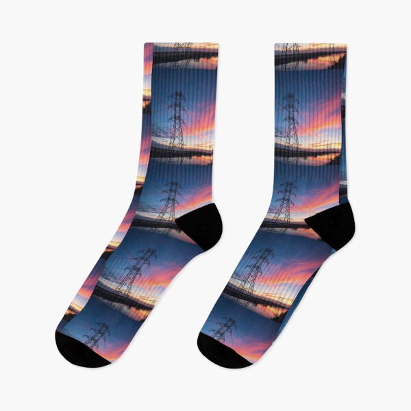 Item preview, Electricity Pylon at Sunset Over Reflective Water designed and sold by Pylon-Bureau.
