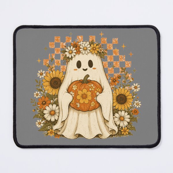 Item preview, Retro Groovy Ghost Holding Pumpkin Checkered Floral Halloween Cottagecore Tee designed and sold by Yellowriversss.