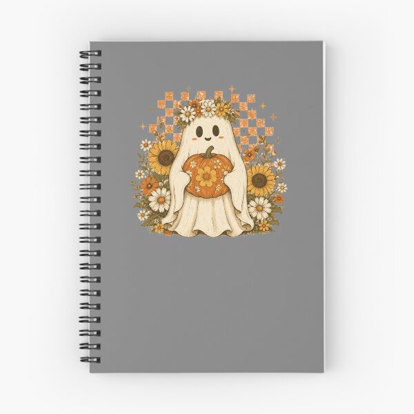 Item preview, Retro Groovy Ghost Holding Pumpkin Checkered Floral Halloween Cottagecore Tee designed and sold by Yellowriversss.