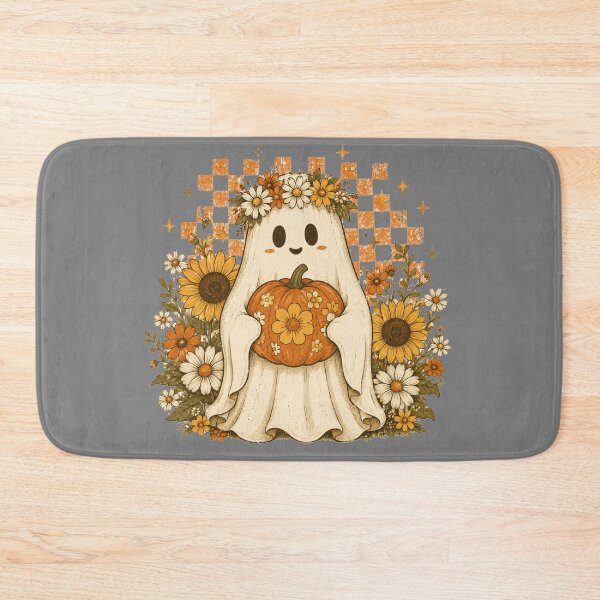 Item preview, Retro Groovy Ghost Holding Pumpkin Checkered Floral Halloween Cottagecore Tee designed and sold by Yellowriversss.