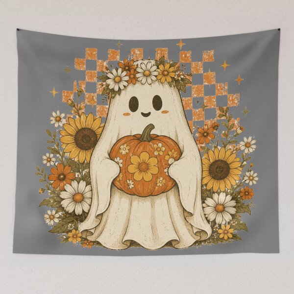 Item preview, Retro Groovy Ghost Holding Pumpkin Checkered Floral Halloween Cottagecore Tee designed and sold by Yellowriversss.