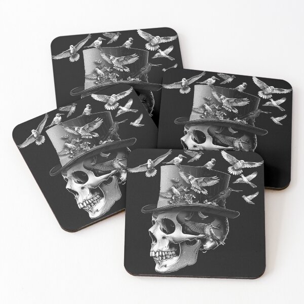 Item preview, Gothic Skull in Top Hat with Birds Monochrome Macabre Fantasy Art designed and sold by inkoutninja.