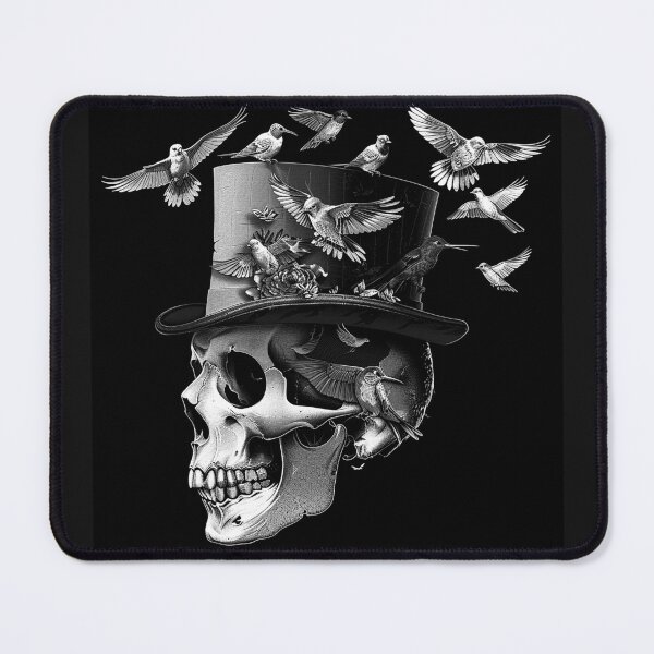 Item preview, Gothic Skull in Top Hat with Birds Monochrome Macabre Fantasy Art designed and sold by inkoutninja.