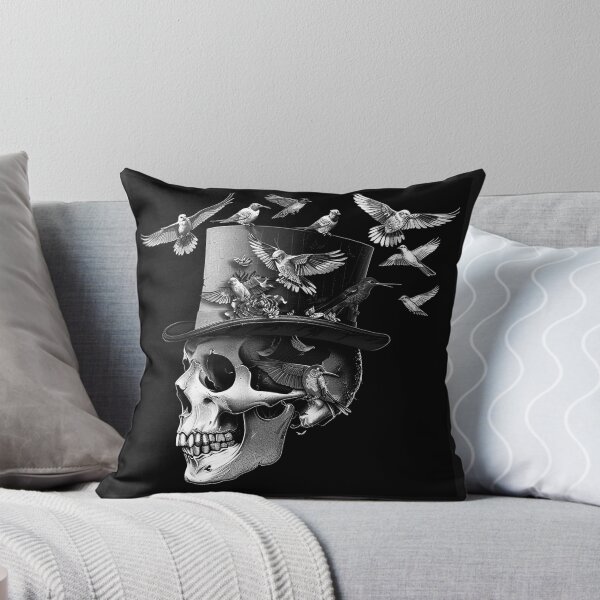 Item preview, Gothic Skull in Top Hat with Birds Monochrome Macabre Fantasy Art designed and sold by inkoutninja.