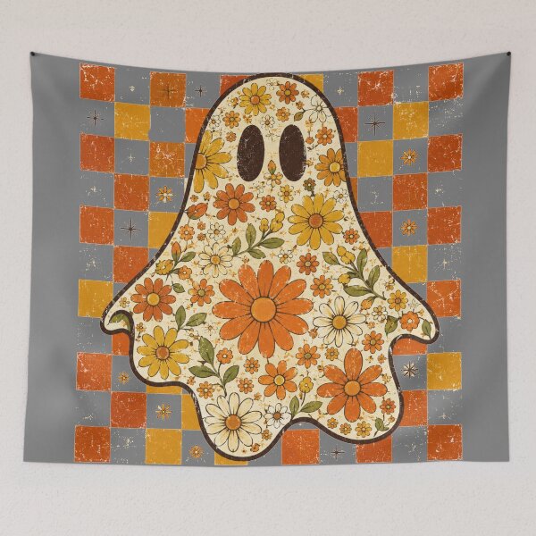 Item preview, Floral Ghost Silhouette Groovy Daisy Checkered Retro Halloween Art designed and sold by Yellowriversss.