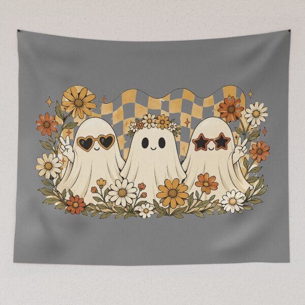 Item preview, Three Groovy Ghost Friends Retro Floral Checkerboard Halloween Squad designed and sold by Yellowriversss.