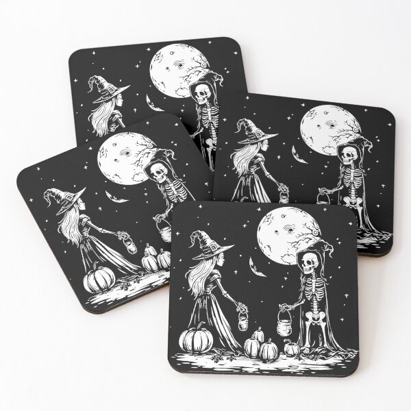 Item preview, Halloween Witch and Skeleton Under Full Moon Gothic Pumpkin Art designed and sold by inkoutninja.