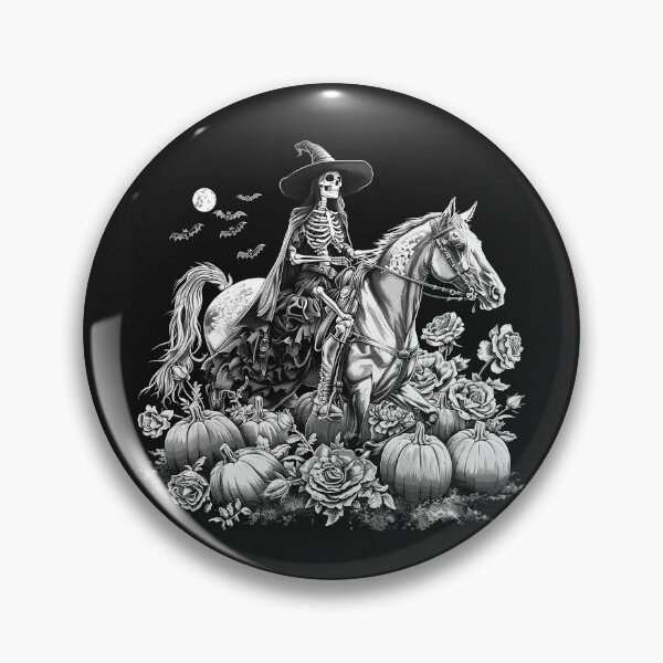Item preview, Skeleton Witch on Horse with Pumpkins and Roses Gothic Halloween Art designed and sold by inkoutninja.