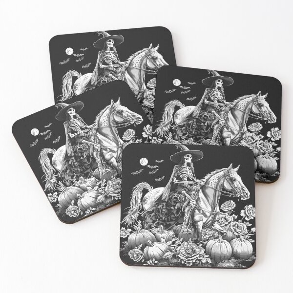 Item preview, Skeleton Witch on Horse with Pumpkins and Roses Gothic Halloween Art designed and sold by inkoutninja.