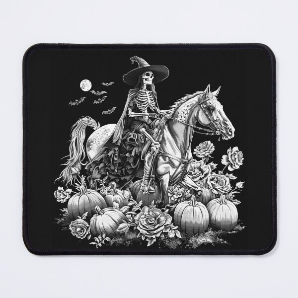 Item preview, Skeleton Witch on Horse with Pumpkins and Roses Gothic Halloween Art designed and sold by inkoutninja.