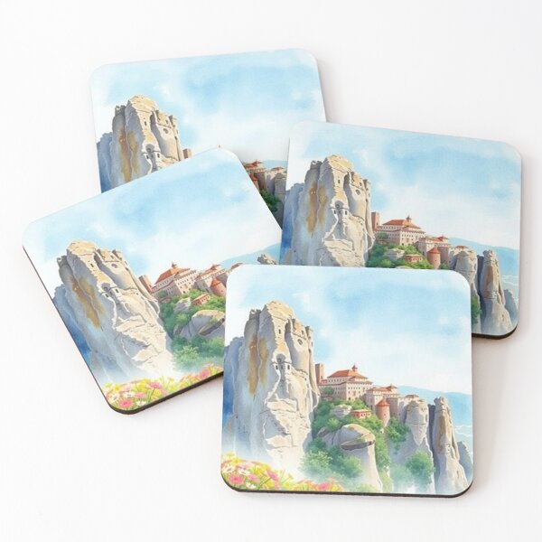 Item preview, Meteora Monasteries Watercolor Landscape – Greek Rock Formations & Cliffs Art Print designed and sold by EllDAV777.