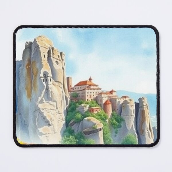 Item preview, Meteora Monasteries Watercolor Landscape – Greek Rock Formations & Cliffs Art Print designed and sold by EllDAV777.