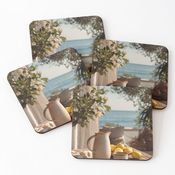 Item preview, Rustic Mediterranean Terrace with Lemon Pitcher and Sea View Art Print designed and sold by Emberearth.