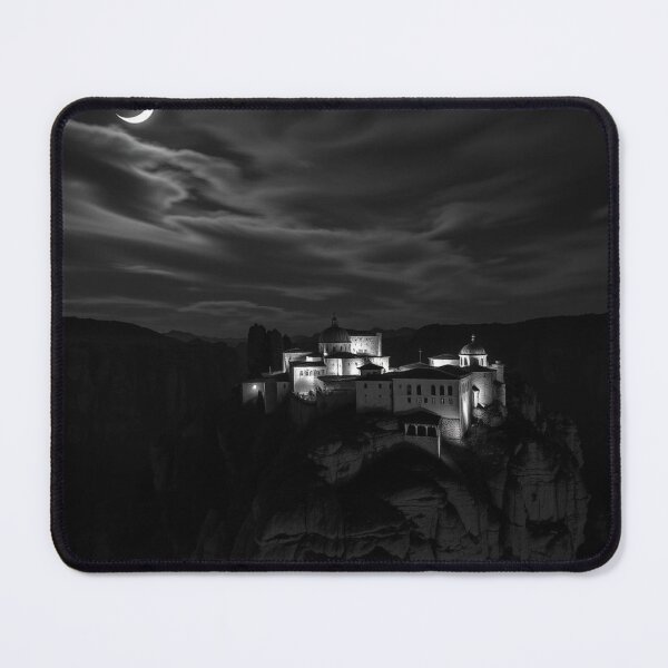 Item preview, Moonlit Monastery on Cliff – Dramatic Black & White Night Photography designed and sold by EllDAV777.