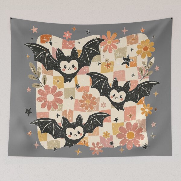 Item preview, Groovy Smiley Bats and Flowers Checkered Retro Halloween Bat Design designed and sold by Yellowriversss.