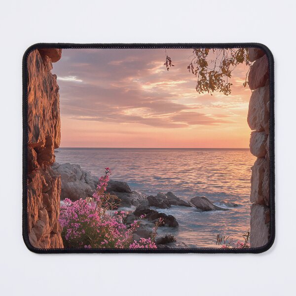 Item preview, Golden Sunset Over Mediterranean Sea Rustic Stone Window Art Print designed and sold by Emberearth.
