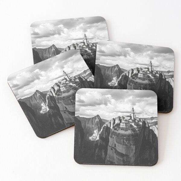 Item preview, Dramatic Black & White Meteora Monastery on Cliff – Epic Greek Mountain Landscape Photography designed and sold by EllDAV777.
