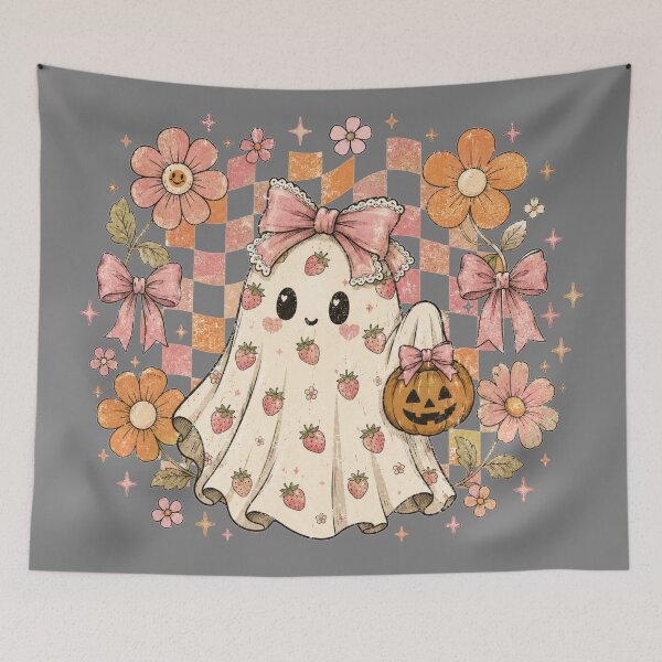 Item preview, Strawberry Ghost Coquette Pink Groovy Floral Checkered Halloween Design designed and sold by Yellowriversss.