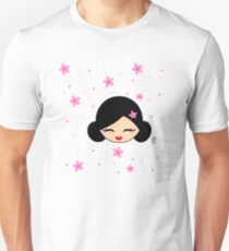 Smiling Kokeshi and sakura flowers Unisex T-Shirt