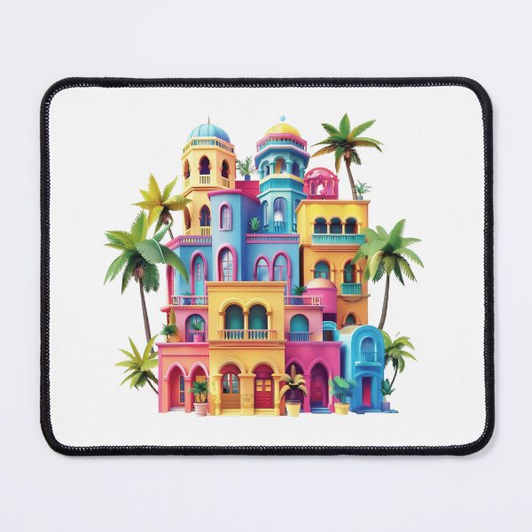 Item preview, Colorful Tropical Architecture with Palm Trees | Caribbean Mediterranean Cityscape designed and sold by Awarrie.