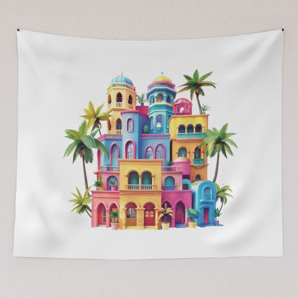Item preview, Colorful Tropical Architecture with Palm Trees | Caribbean Mediterranean Cityscape designed and sold by Awarrie.
